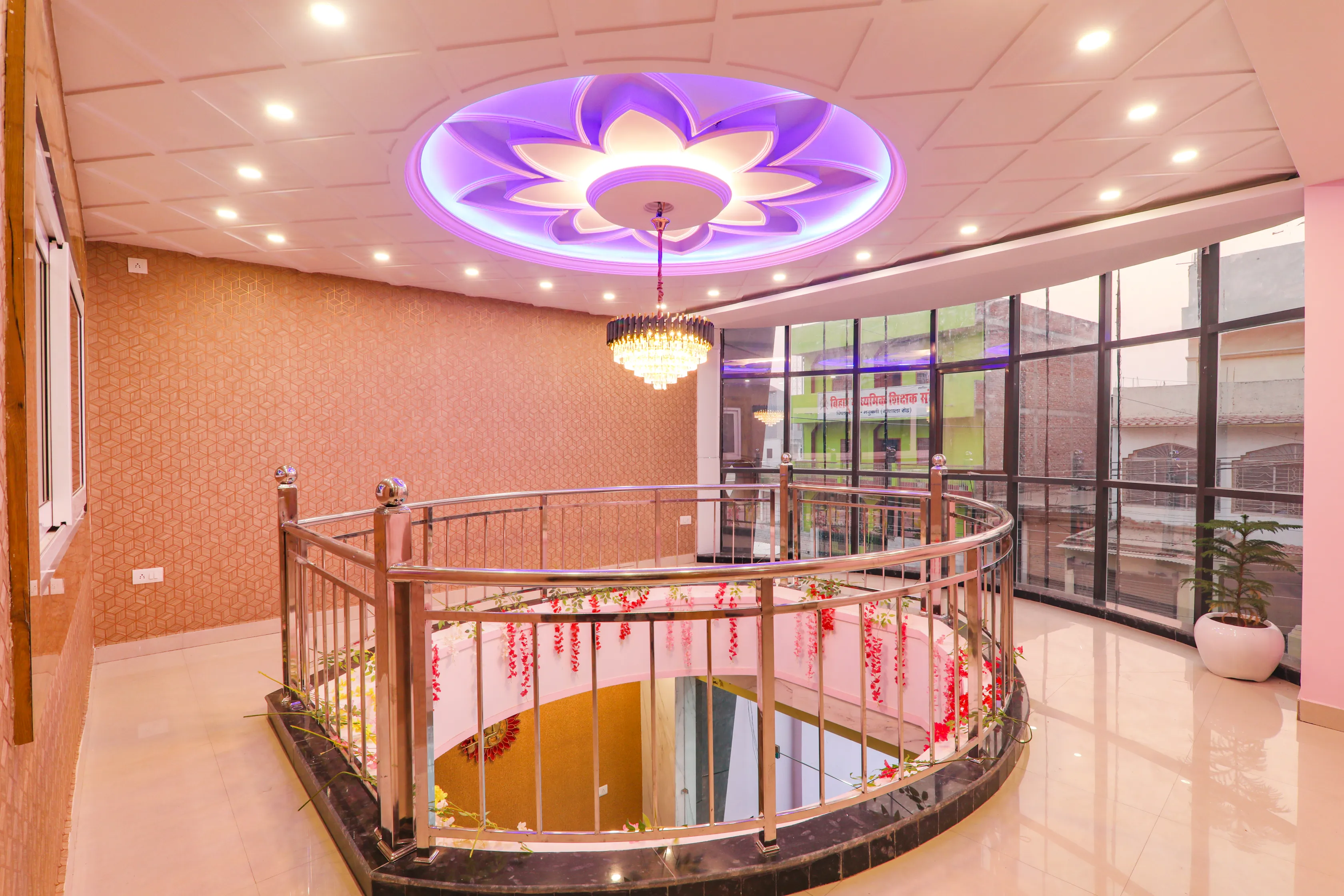 Decorated event floor foyer for wedding functions at Hotel Nikunj