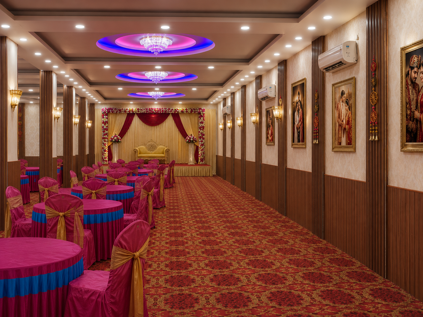 Banquet hall in Madhubani set for a wedding reception dinner at Hotel Nikunj