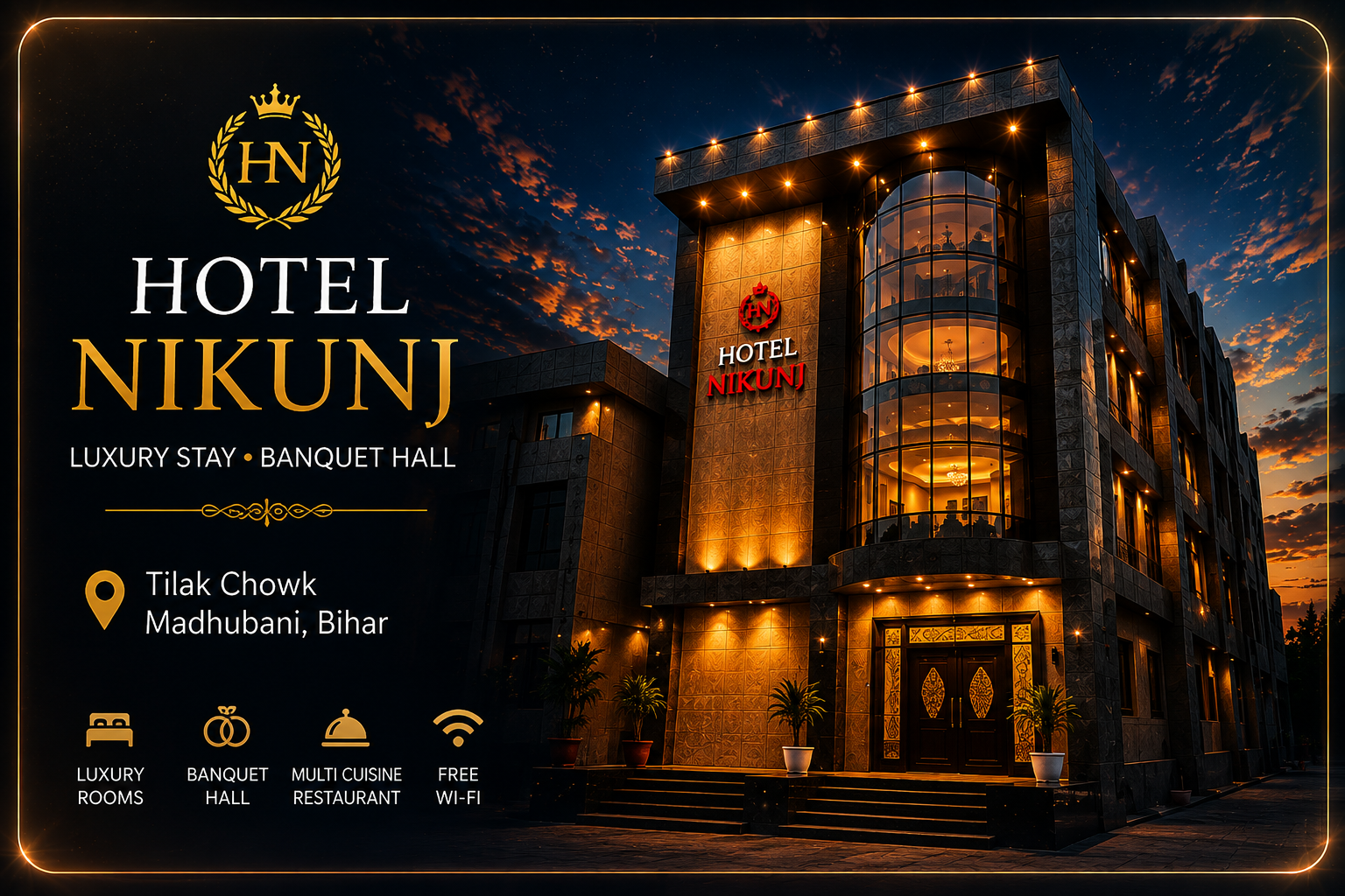 Hotel Nikunj — luxury rooms, banquet hall, multi cuisine restaurant and free WiFi at Tilak Chowk, Madhubani, Bihar